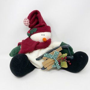 Snowman Plush Merry Christmas wood sled decoration stuffed  10" x  15" sitting